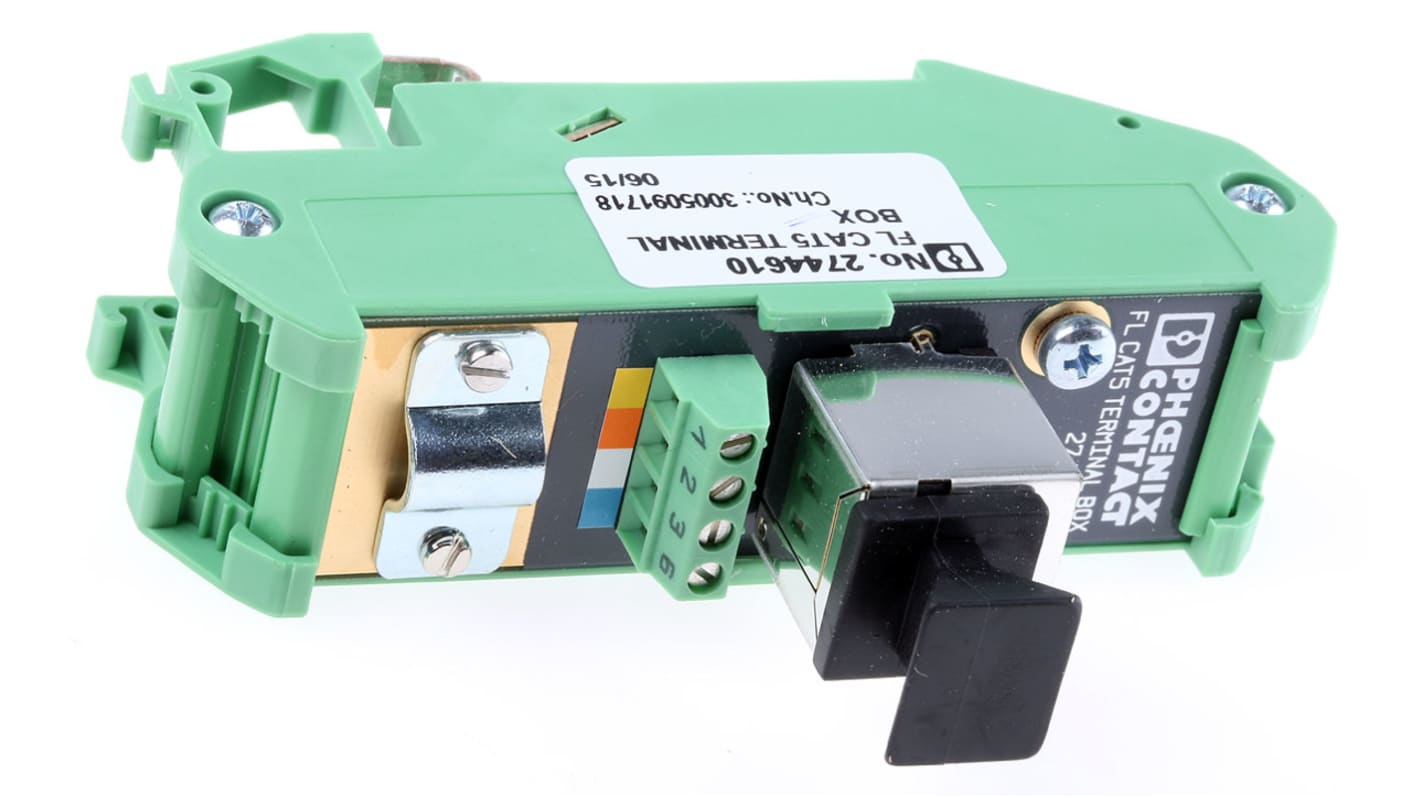 Scatola di giunzione Ethernet CAT5 Phoenix Contact 2744610 per guida DIN, 4 poli. Morsetti a vite, schermatura, resistenza IP20. Ideale per hardware e reti fino a 100 Mbps.