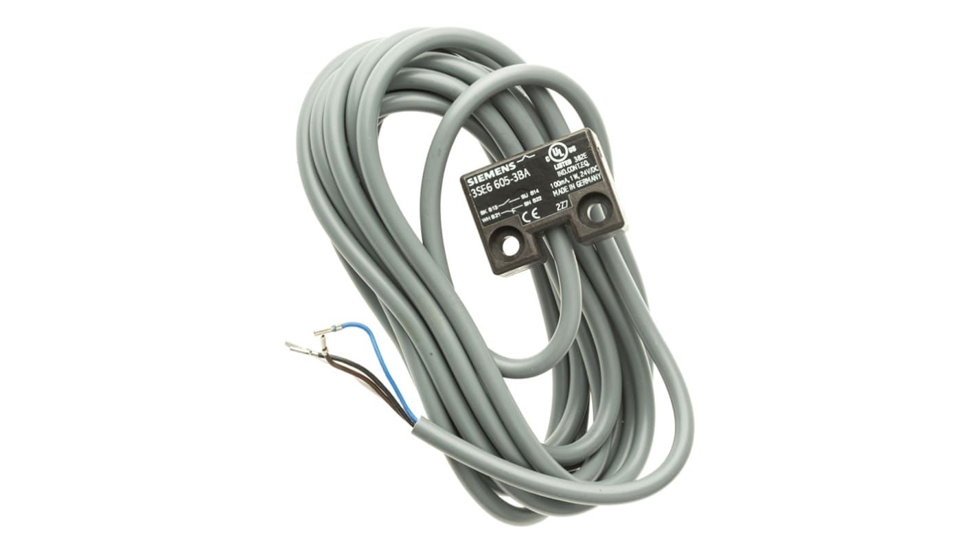 Interruttore di sicurezza Siemens 3SE6605-3BA, senza contatto, 24V cc, IP67, dimensioni 88x25x13 mm, per applicazioni su porte e coperchi.