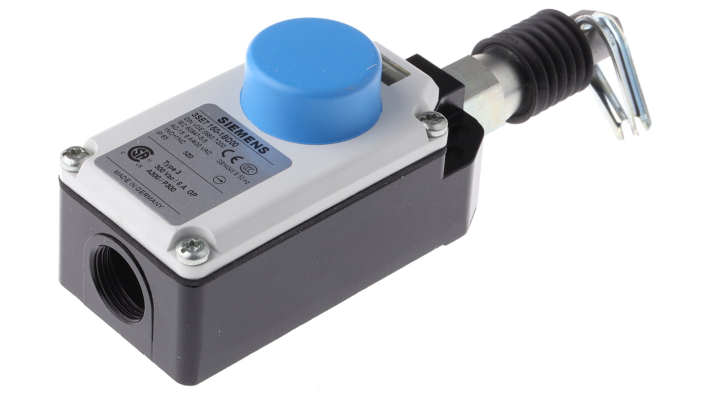 Interruttore a fune Siemens 3SE7150-1BD00, montaggio diritto, cavo 25m, grado di protezione IP65, dimensioni 164.5 x 52 x 57.5mm.
