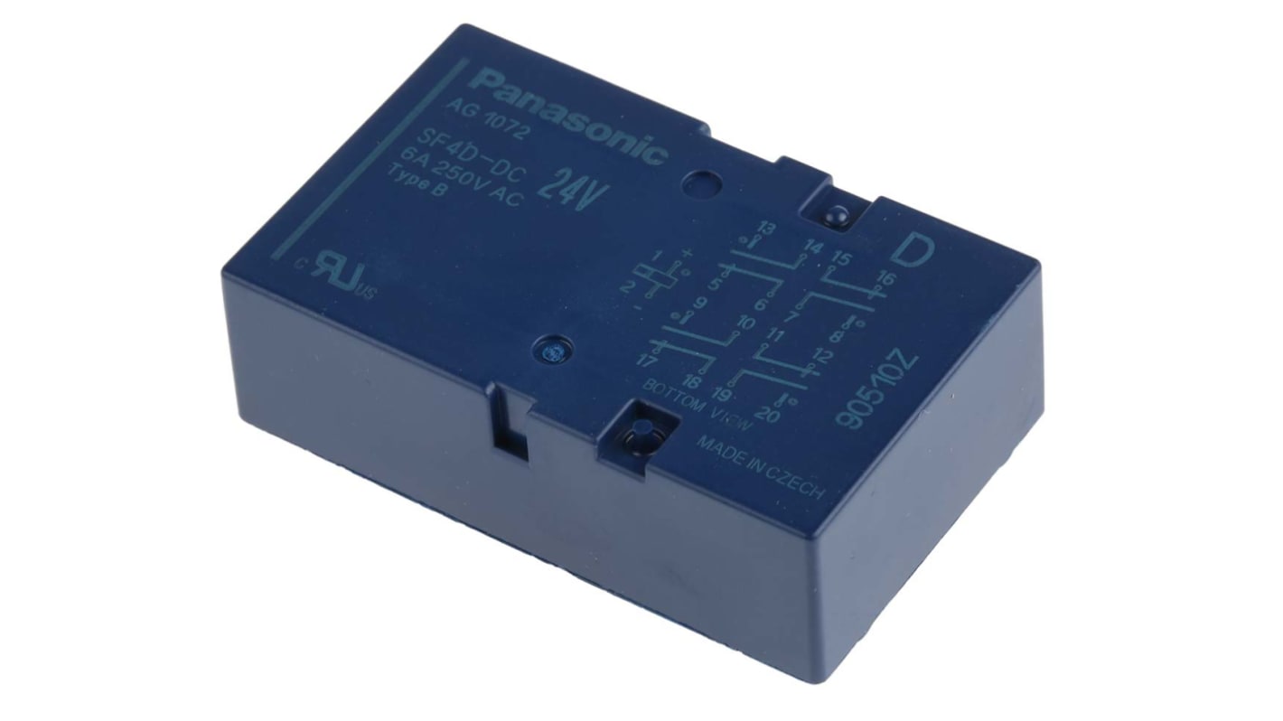 Relè contatti guidati Panasonic SF4D24, 24V cc, montaggio su PCB, dimensioni 53,3mm x 33mm x 16,5mm, contatti placcati oro.