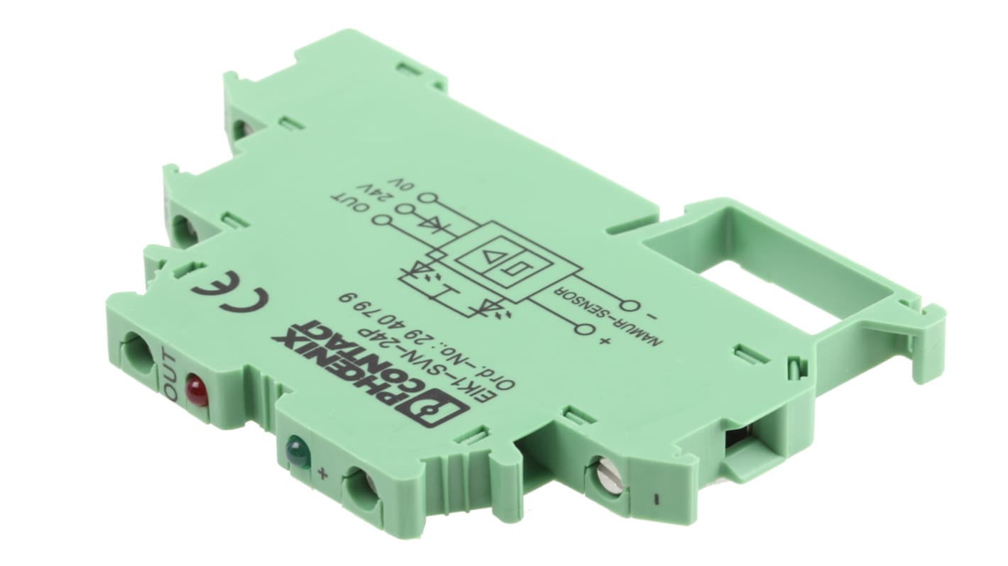 Relè a stato solido Phoenix Contact EIK1-SVN-24P 2940799 per segnali NAMUR. Tensione 18,5-28,8 V c.c. Protezione inversione polarità, montaggio su guida DIN. LED integrati.
