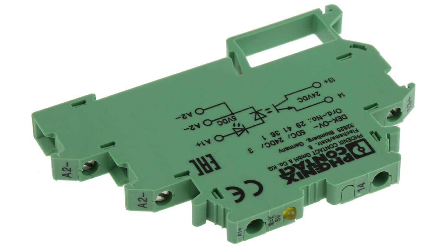 Relè a stato solido Phoenix Contact 2941361 con isolamento 2500 V e corrente di ingresso 11 mA - DEK-OV-5DC/24DC/3 - Ideale per automazione e HVAC. LED per diagnosi rapida.