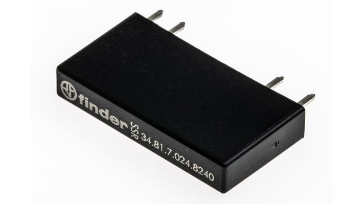 Finder 34.81.7.024.8240, relè a stato solido per montaggio su PCB, 2 A, 240 V ac, dimensioni 28 x 15 x 5 mm.