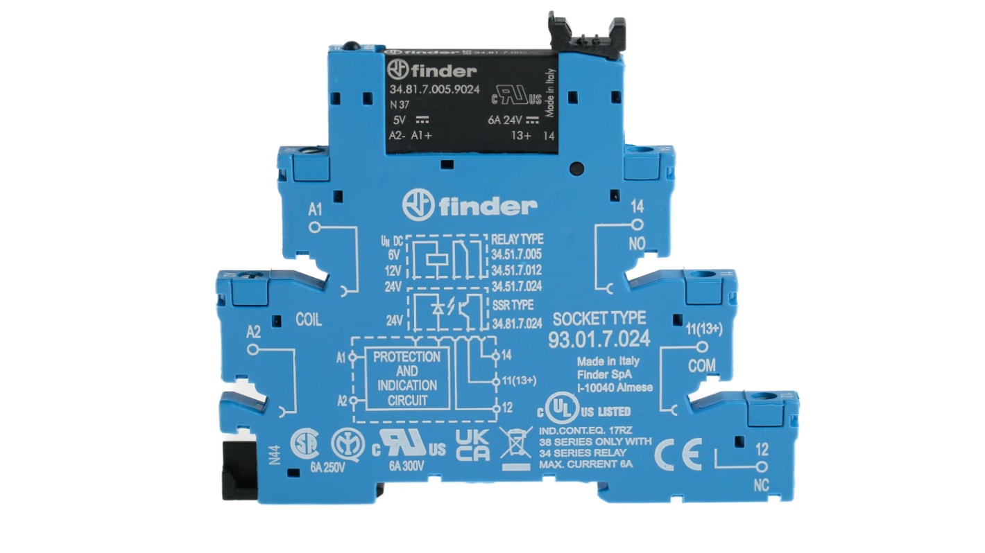 Finder 38.81.7.006.9024, modulo relè d'interfaccia SPST per guida DIN, 6V cc, dimensioni 87.9 x 75.6mm.