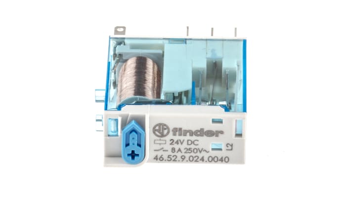 Finder 46.52.9.024.0040, relè DPDT 24V cc, dimensioni 32,8 x 29 x 12,4 mm, corrente 8 A, isolamento 6000 V.
