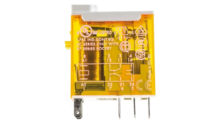 Finder 46.52.8.024.0040, relè DPDT 24V, corrente 8A, dimensioni 32,8 x 29 x 12,4 mm, isolamento 6000 V.