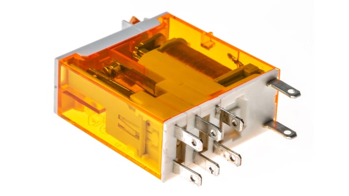 Relè di potenza Finder 46.52.8.230.0040, DPDT, bobina 230V, corrente 8A, dimensioni 32.8x29x12.4 mm.