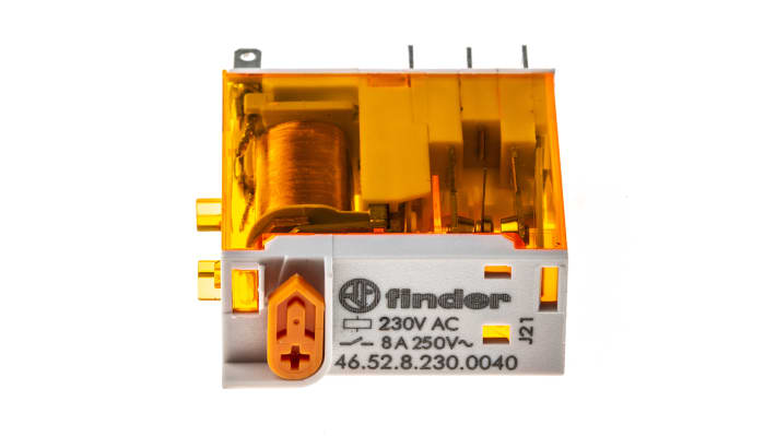 Relè di potenza Finder 46.52.8.230.0040, DPDT, bobina 230V, corrente 8A, dimensioni 32.8x29x12.4 mm.