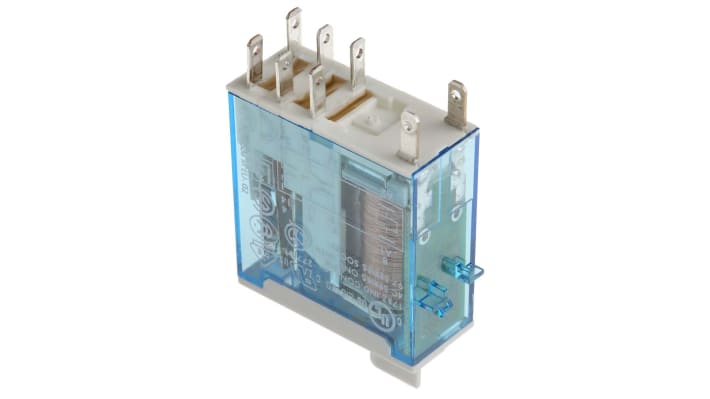 Finder 46.52.9.012.0074, relè DPDT 12V cc per montaggio su PCB, corrente 8A, dimensioni 32,8 x 29 x 12,4 mm.