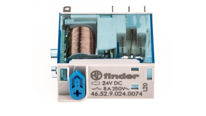 Finder 46.52.9.024.0074, relè DPDT 24V cc, corrente 8A, dimensioni 29mm x 32.8mm x 12.4mm, approvato UL.