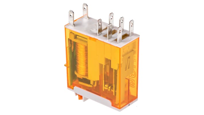 Relè di potenza Finder 46.52.8.024.0054, DPDT, 24V, montaggio su PCB, dimensioni 32,8x29x12,4 mm, corrente 8A.