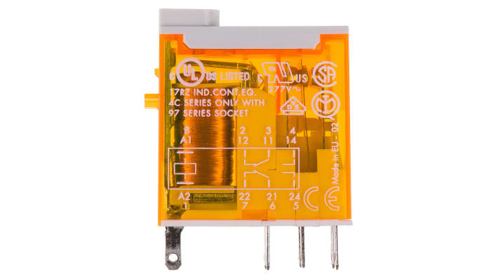 Relè di potenza Finder 46.52.8.024.0054, DPDT, 24V, montaggio su PCB, dimensioni 32,8x29x12,4 mm, corrente 8A.