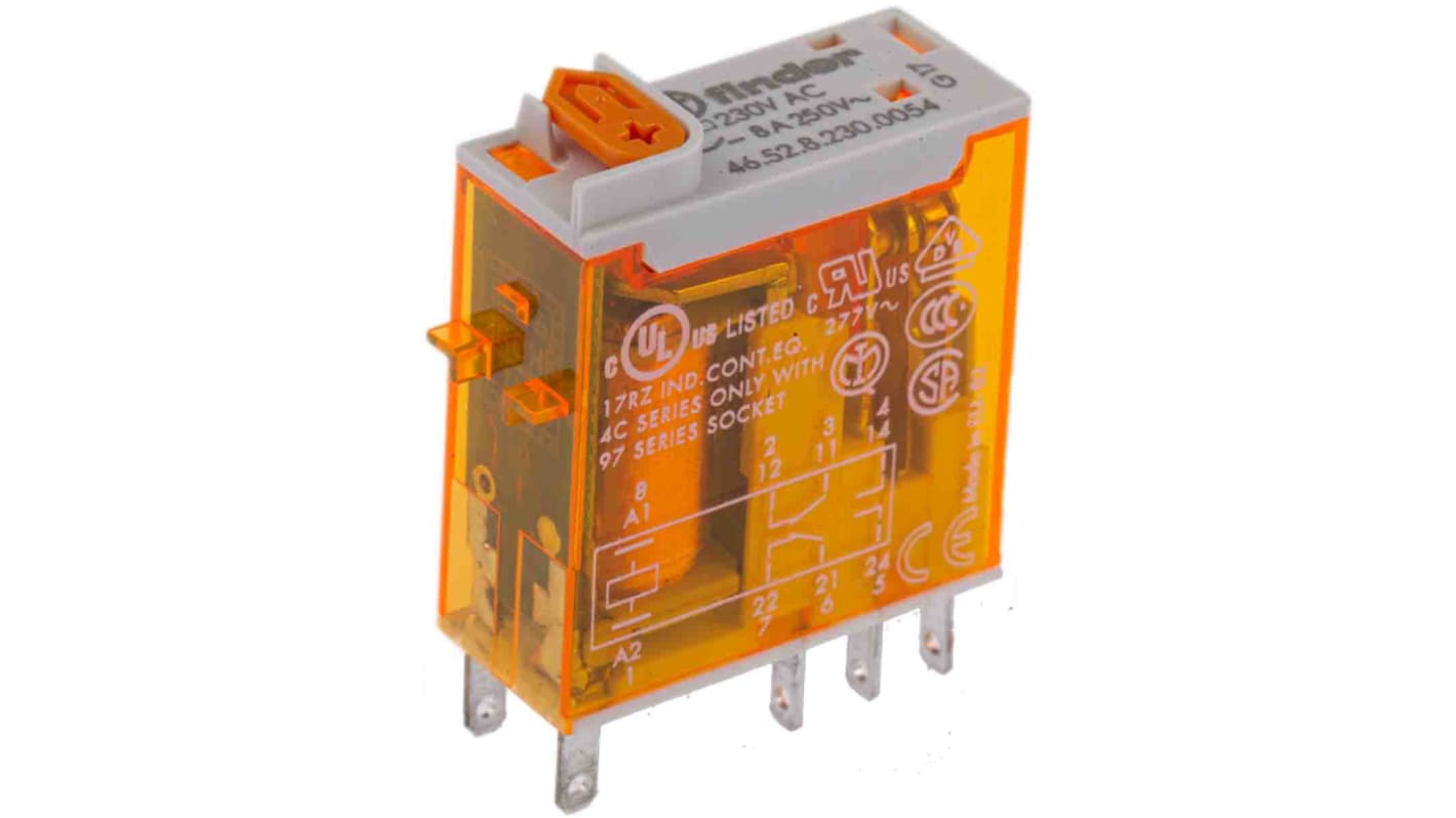 Finder 46.52.8.230.0054, relè DPDT 230V, corrente 8A, dimensioni 29mm x 32.8mm x 12.4mm, approvato UL.
