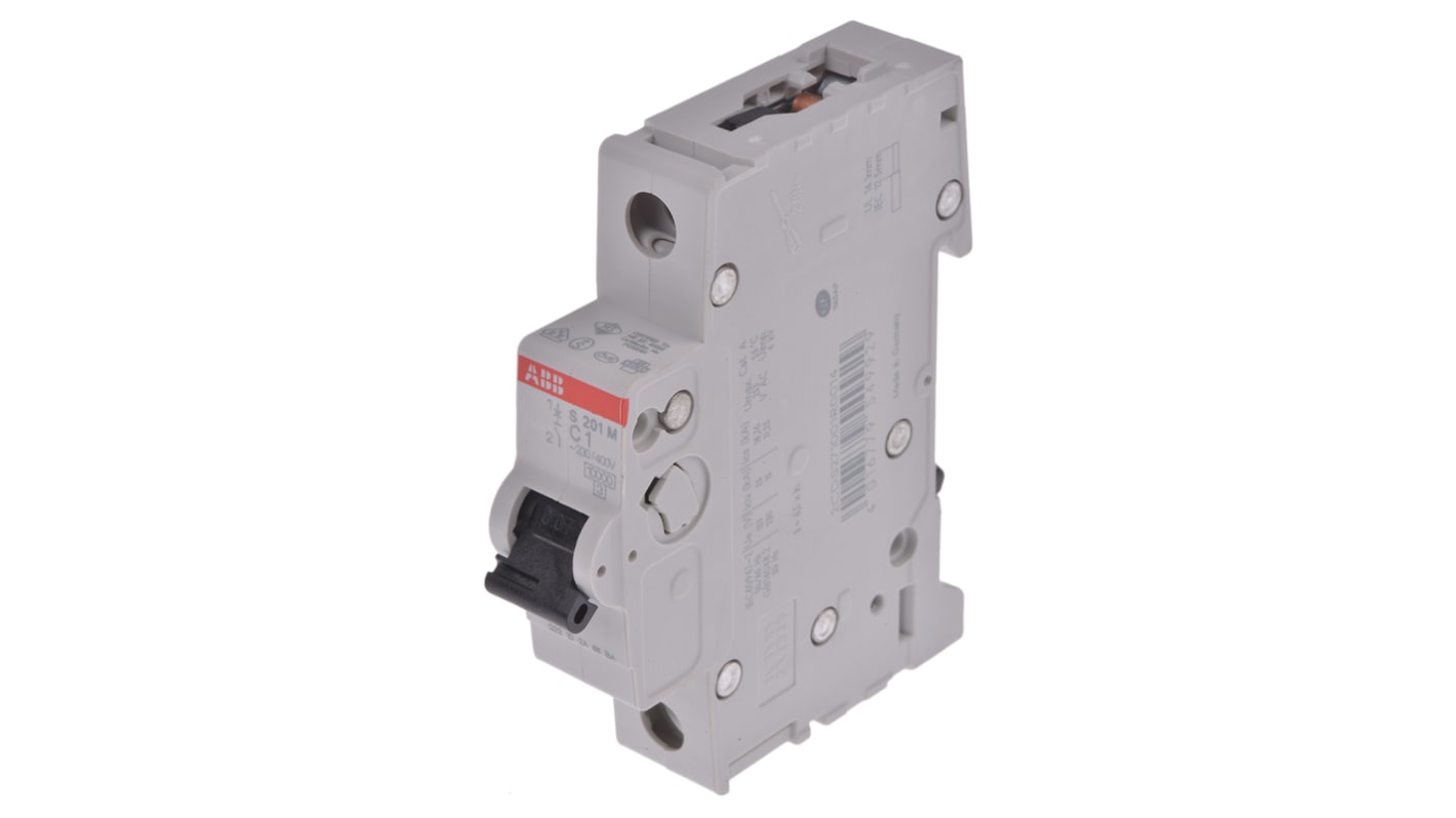Interruttore magnetotermico ABB S201M-C1, 1 polo, 1 A, montaggio su guida DIN, dimensioni 88 x 17,5 x 69 mm.