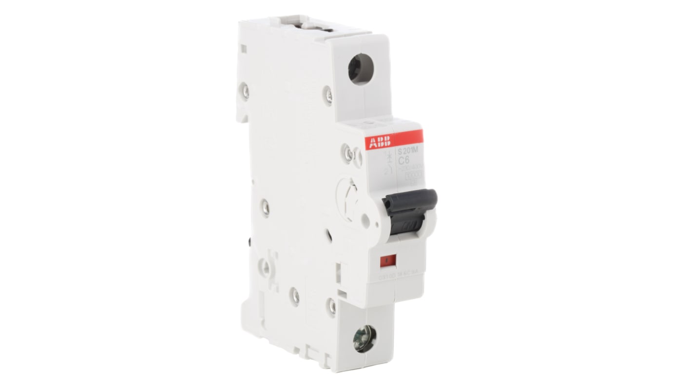 Interruttore magnetotermico ABB S201M-C6, unipolare, 6 A, tipo C, montaggio su guida DIN, dimensioni 17.5 mm x 88 mm x 76 mm.
