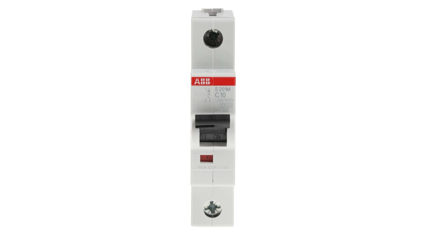 Interruttore magnetotermico ABB S201M-C10, 1P, 10A, montaggio su guida DIN, grado di protezione IP50.
