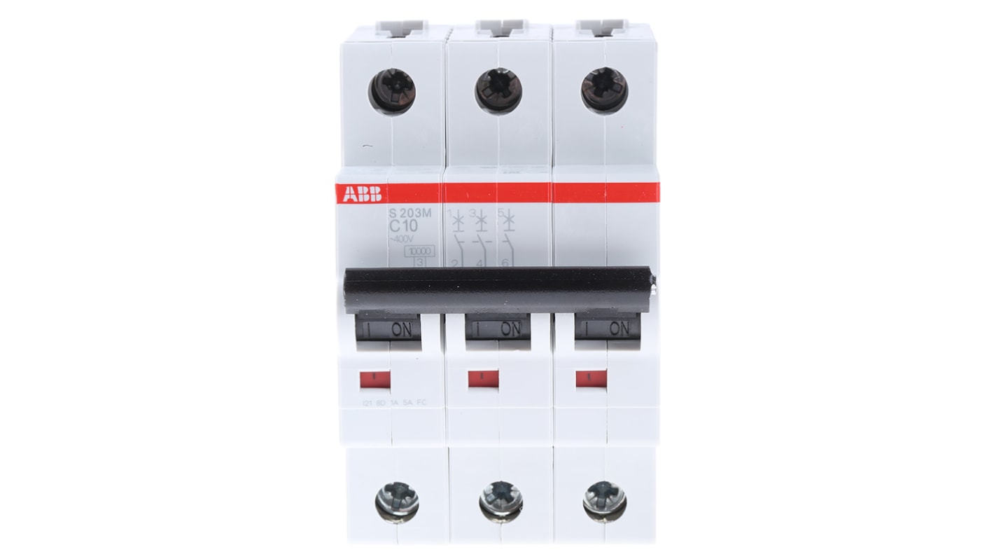 Interruttore magnetotermico ABB S203M-C10, 3 poli, 10A, montaggio su guida DIN, dimensioni 52,5 x 88 x 69 mm.