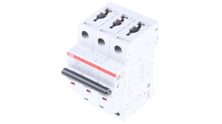 Interruttore magnetotermico ABB S203M-C10, 3 poli, 10A, montaggio su guida DIN, dimensioni 52,5 x 88 x 69 mm.