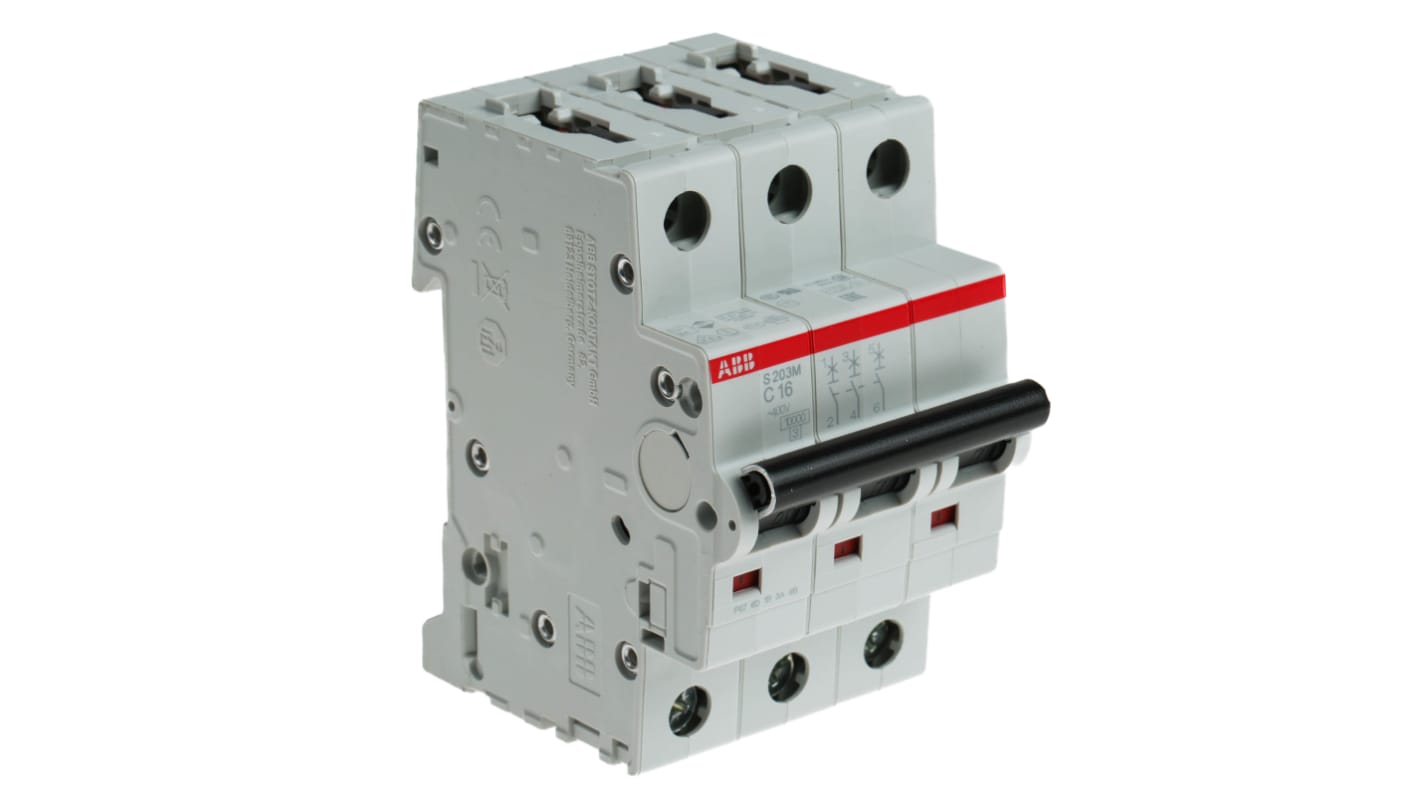 Interruttore magnetotermico ABB 3 poli, Tipo C, 16A, montaggio su guida DIN, dimensioni 88x52.5x69 mm, capacità di interruzione 10 kA.