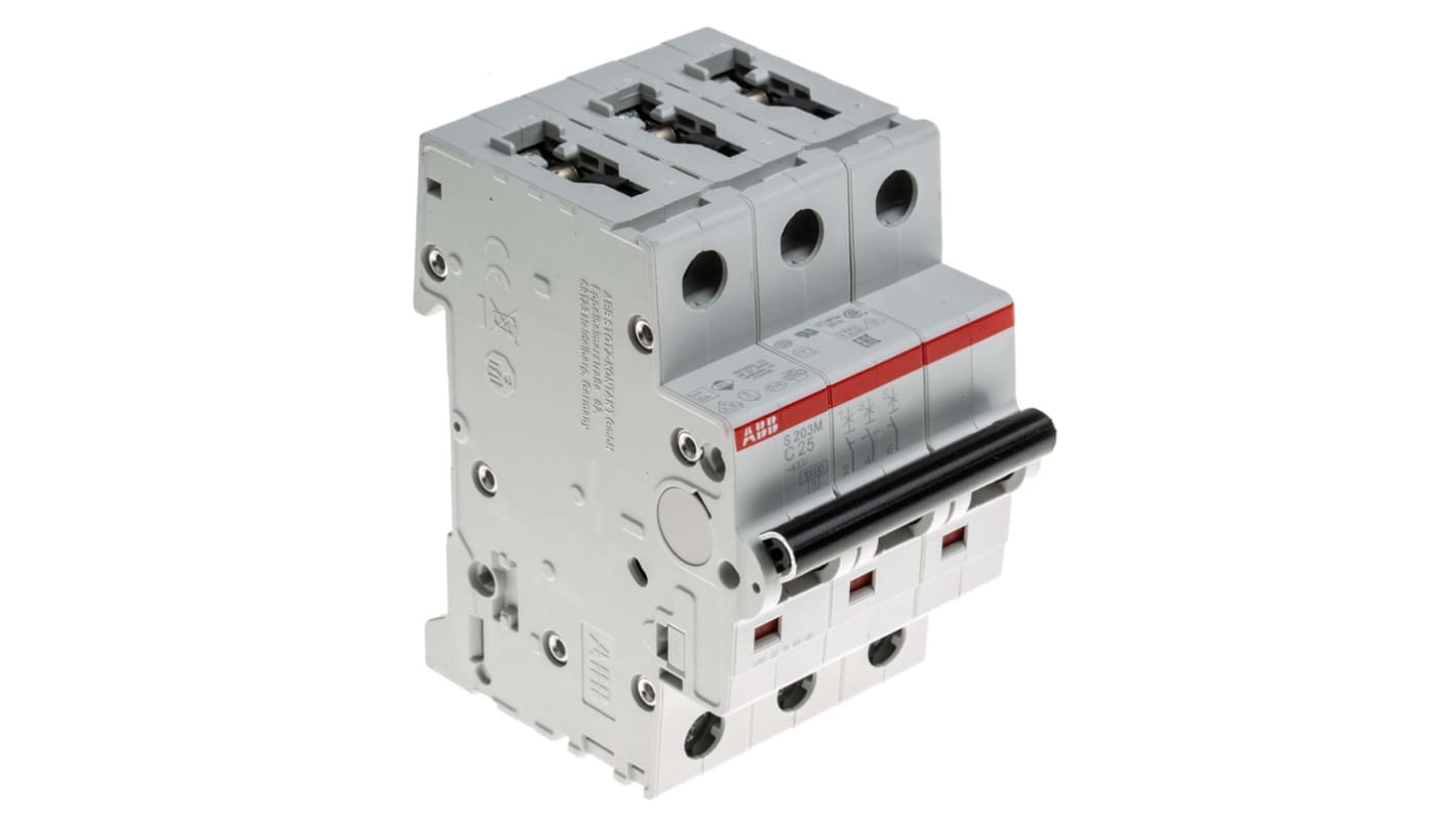 Interruttore magnetotermico ABB 3 poli, 25 A, Tipo C, montaggio su guida DIN, dimensioni 88 x 52.5 x 76 mm.