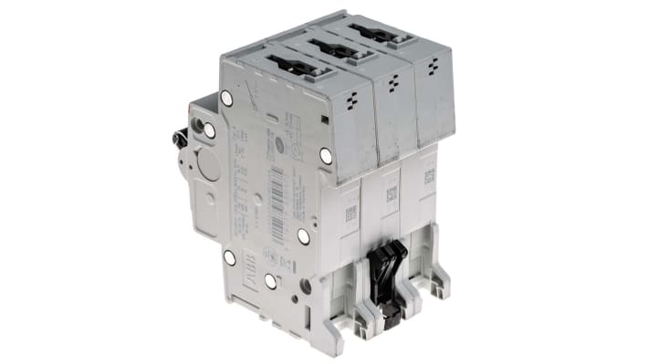 Interruttore magnetotermico ABB 3 poli, 25 A, Tipo C, montaggio su guida DIN, dimensioni 88 x 52.5 x 76 mm.