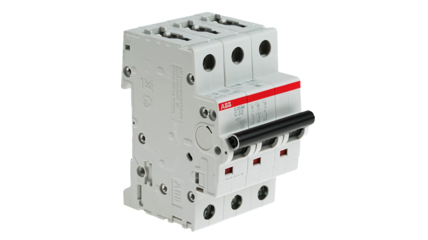 Interruttore magnetotermico ABB S203M-C32, tripolare 32A, montaggio su guida DIN, dimensioni 69mm x 52.5mm x 76mm.