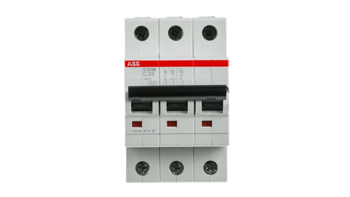 Interruttore magnetotermico ABB S203M-C32, tripolare 32A, montaggio su guida DIN, dimensioni 69mm x 52.5mm x 76mm.