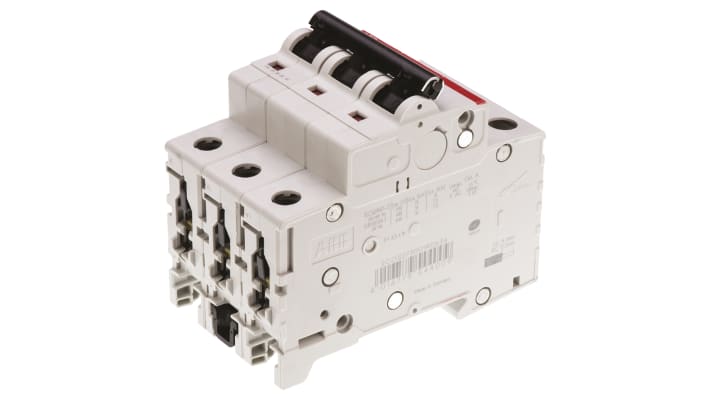 Interruttore magnetotermico ABB 3P 63A, Tipo C, montaggio su guida DIN, larghezza 52.5 mm, capacità di rottura 10 kA.