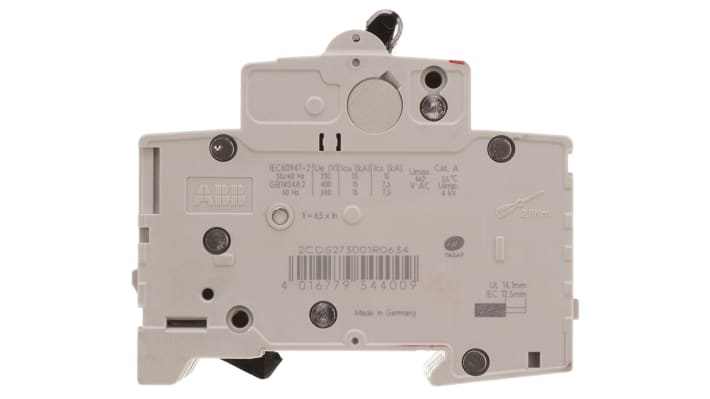 Interruttore magnetotermico ABB 3P 63A, Tipo C, montaggio su guida DIN, larghezza 52.5 mm, capacità di rottura 10 kA.