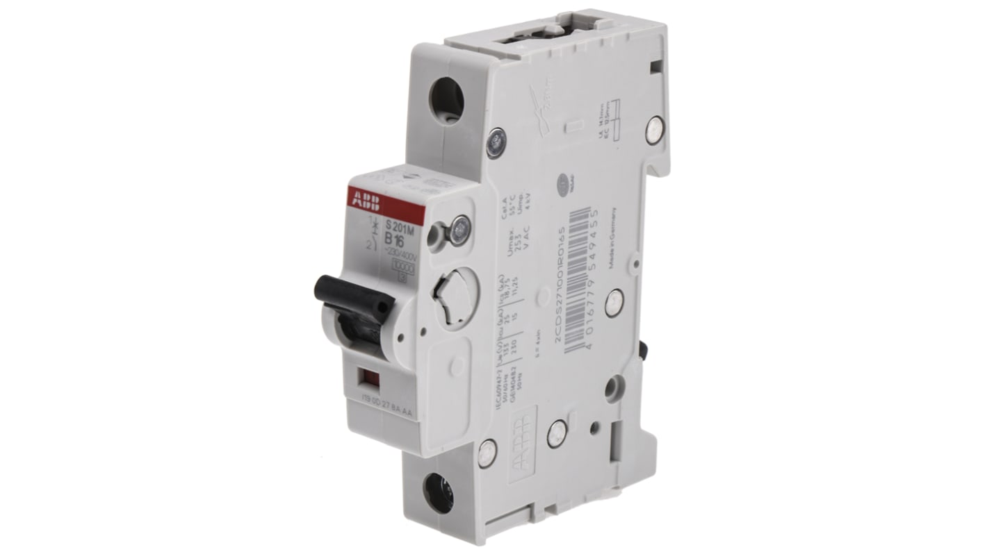 Interruttore magnetotermico ABB S201M-B16, 1 polo, 16 A, montaggio su guida DIN, larghezza 17.5 mm, capacità di rottura 10 kA.