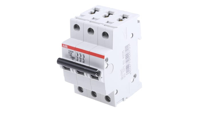 Interruttore magnetotermico ABB S203M-B32, tripolare, 32A, montaggio su guida DIN, dimensioni 52,5x88x76 mm.