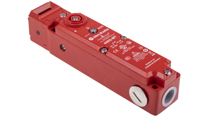 Interruttore di interblocco a solenoide Allen Bradley Guardmaster 440G-MT47007, 24V, IP67, forza di tenuta 1600N, dimensioni 46.75mm x 199mm x 40mm.
