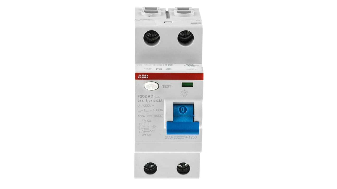 Interruttore differenziale ABB 2CSF202001R1250, 2 poli, 25A, 30mA, montaggio su guida DIN, dimensioni 69 x 35 x 85mm.