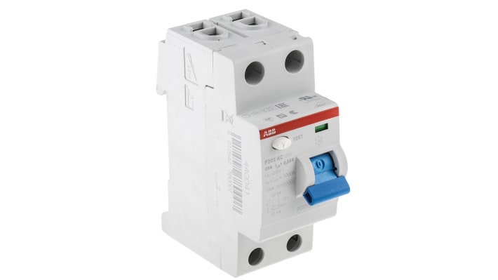 Interruttore differenziale ABB 2CSF202001R1250, 2 poli, 25A, 30mA, montaggio su guida DIN, dimensioni 69 x 35 x 85mm.