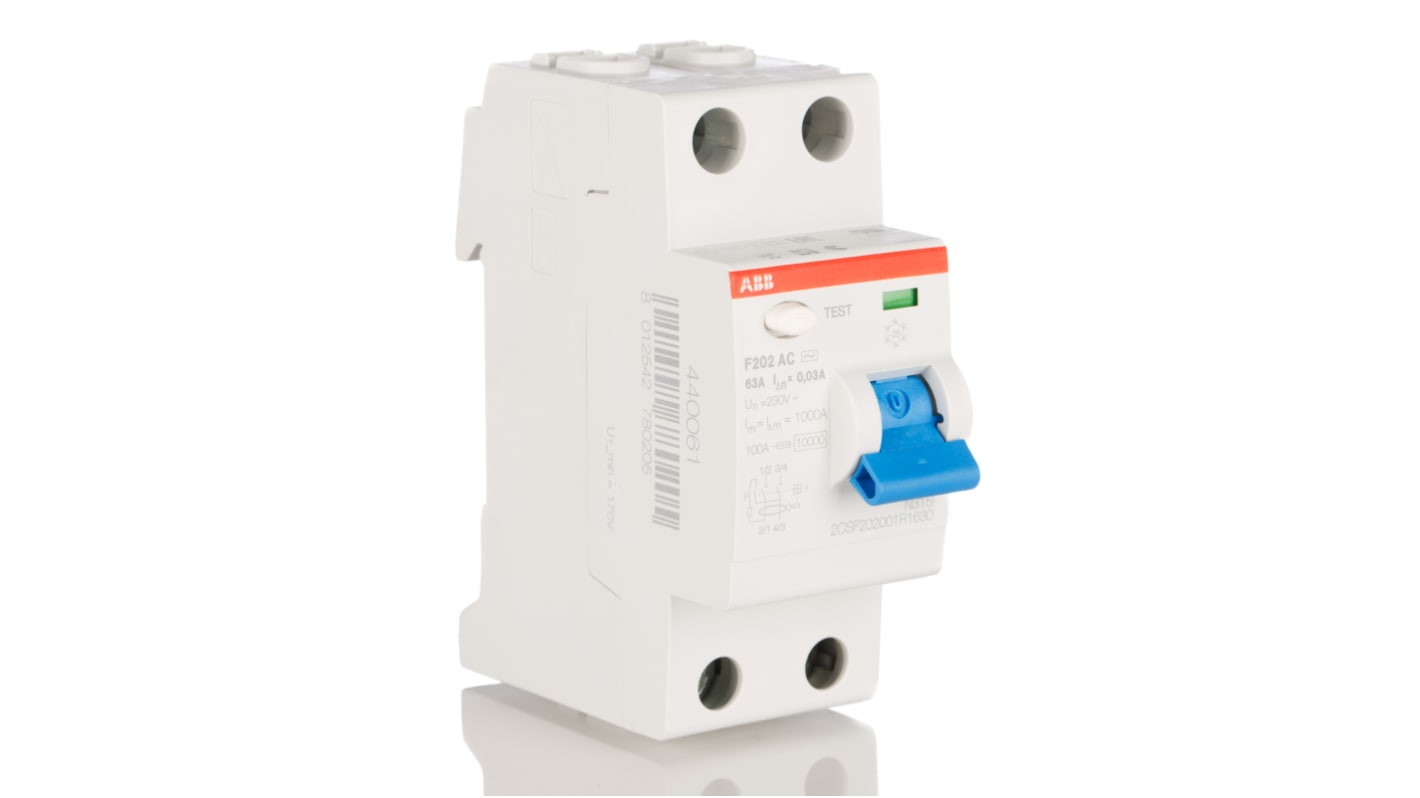 Interruttore differenziale ABB F202 AC-63/0,03, 2 poli, 63A, 30mA, montaggio su guida DIN, per protezione guasti a massa.