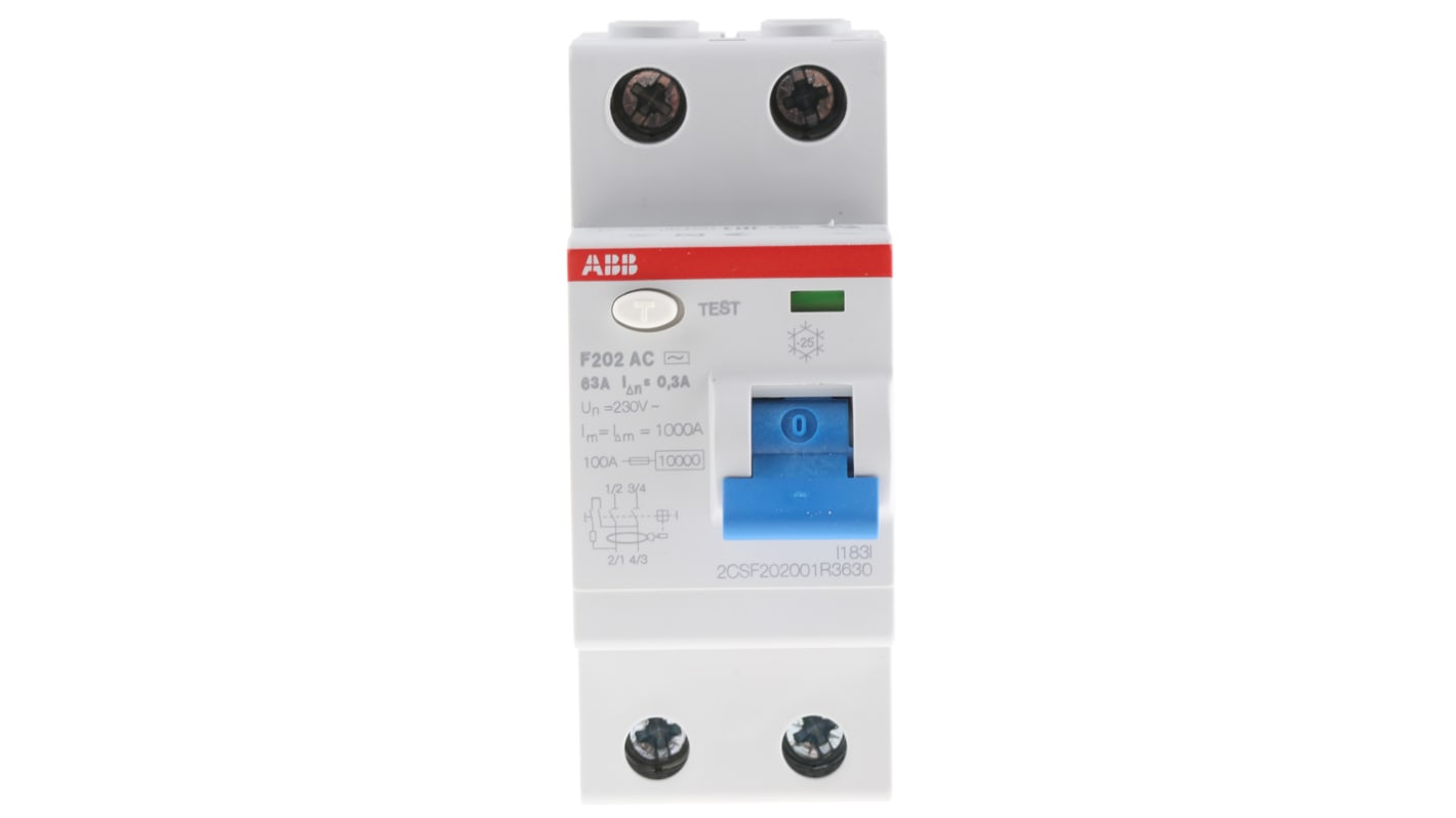 Interruttore differenziale ABB F200, 2 poli, 63A, 300mA, montaggio su guida DIN, per protezione guasti a massa.