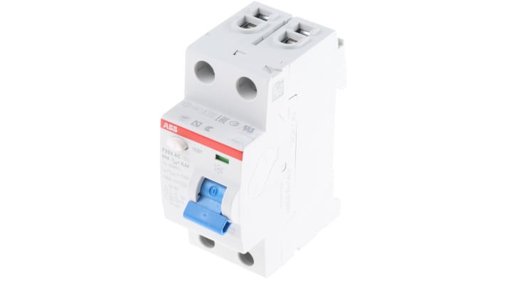 Interruttore differenziale ABB F200, 2 poli, 63A, 300mA, montaggio su guida DIN, per protezione guasti a massa.