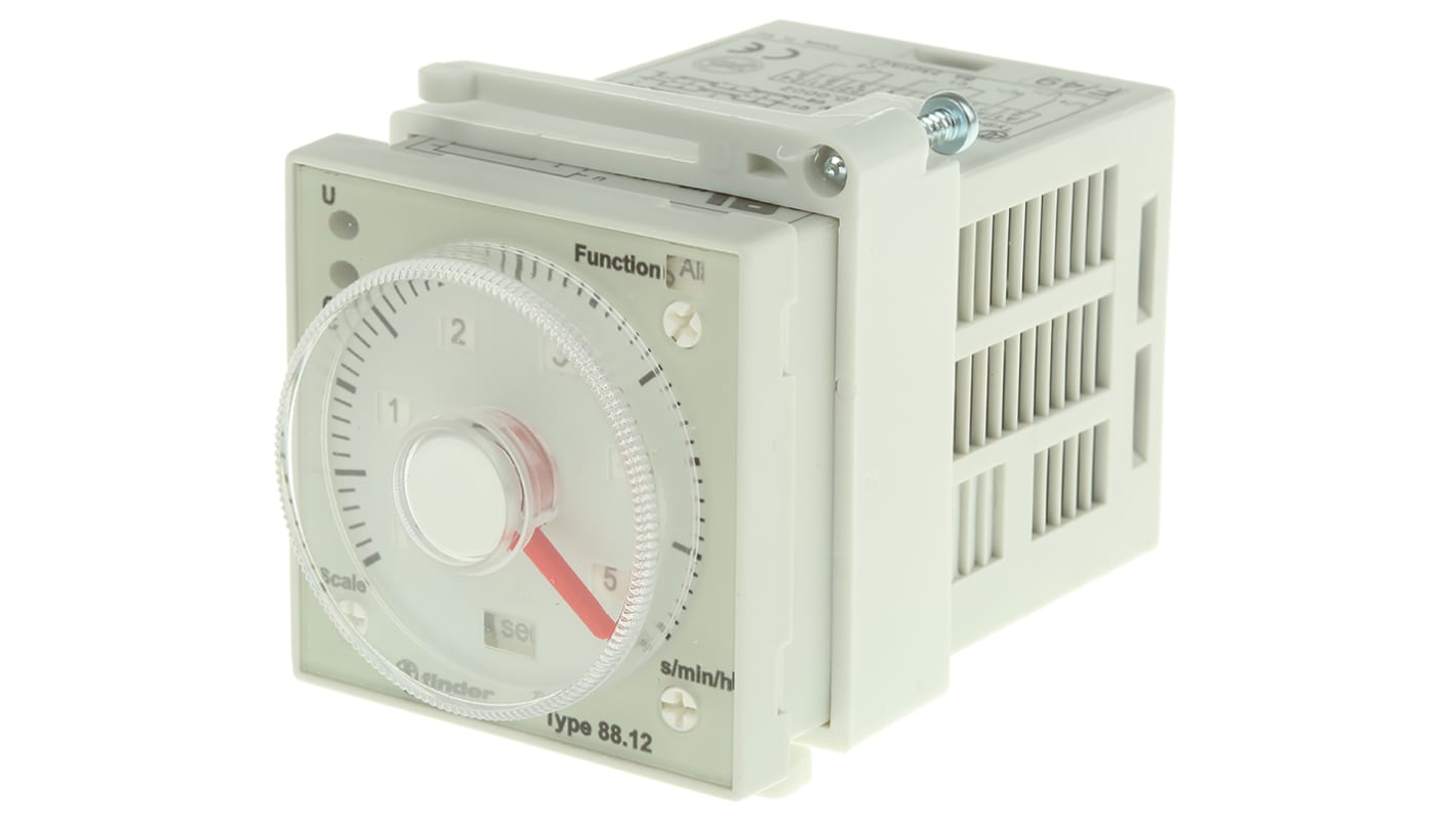 Finder Timer Relay DPDT 230 V c.a., montaggio a pannello, intervallo 0.05-10 min/h, dimensioni 48 x 48 mm.