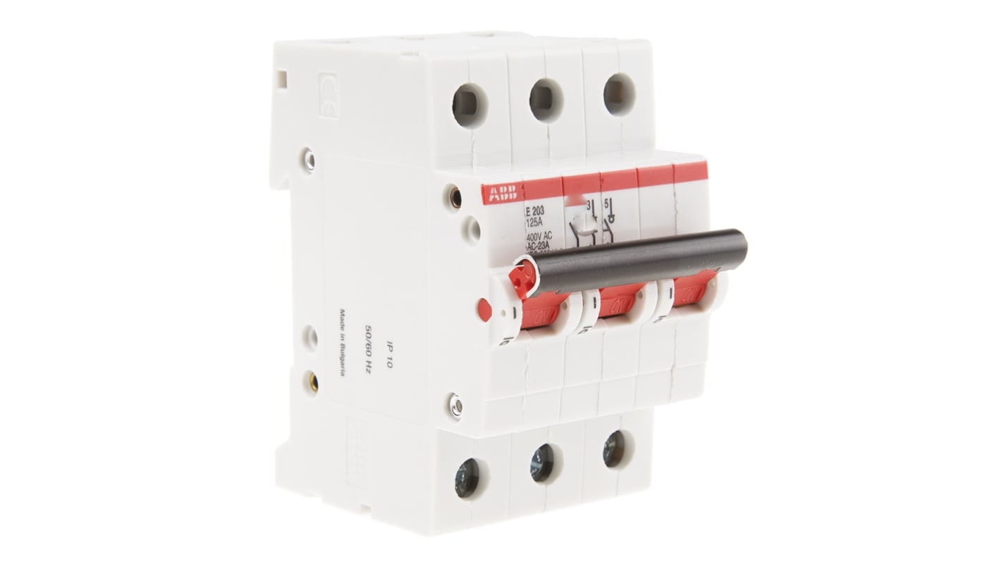 Interruttore magnetotermico ABB 3 poli, 125 A, 230 V, montaggio su guida DIN, dimensioni 69 mm x 52.5 mm x 85 mm, grado di protezione IP10.