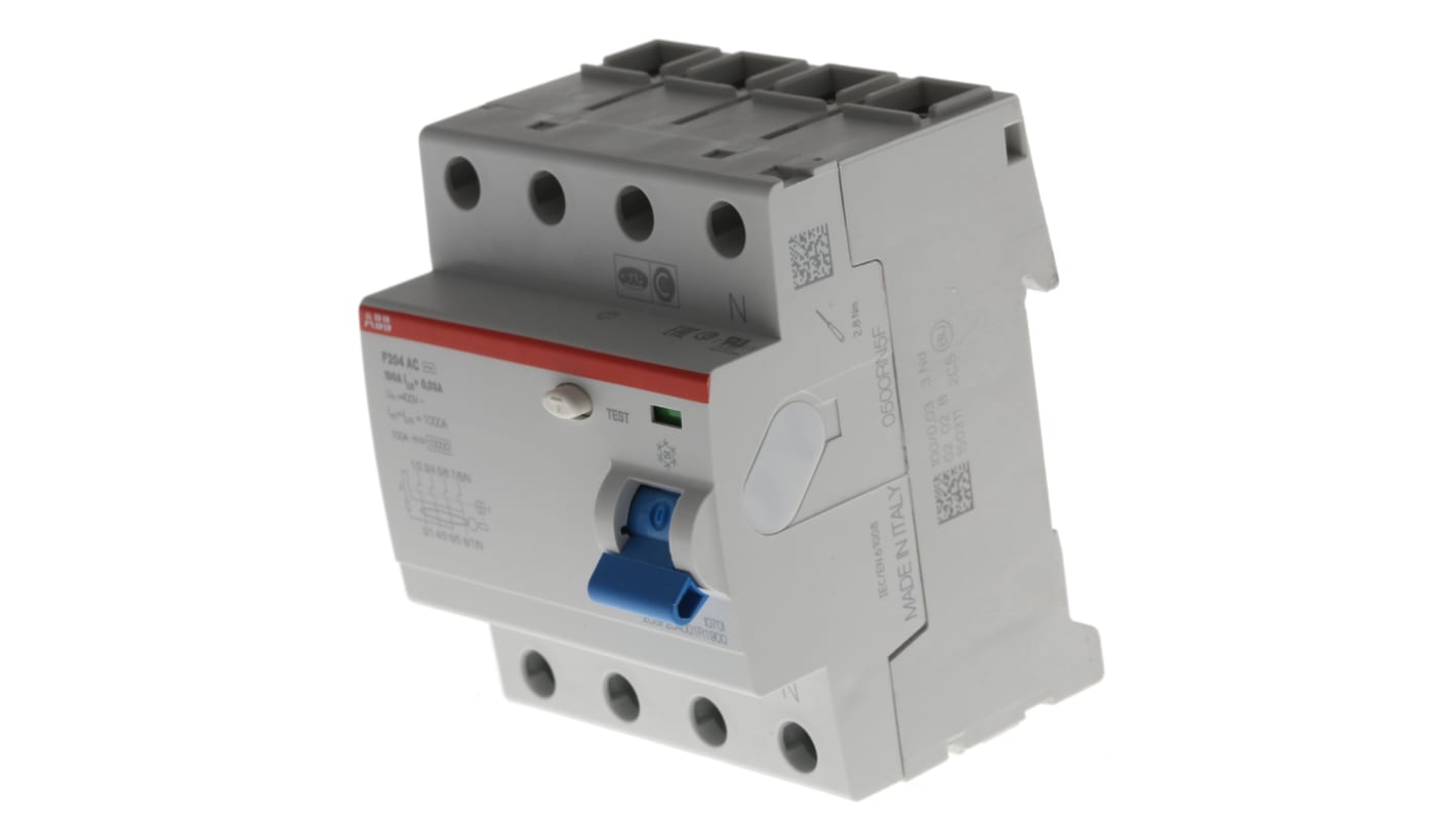 Interruttore differenziale 4 poli ABB F204, 100A, 30mA, montaggio su guida DIN, per tensione 400V.