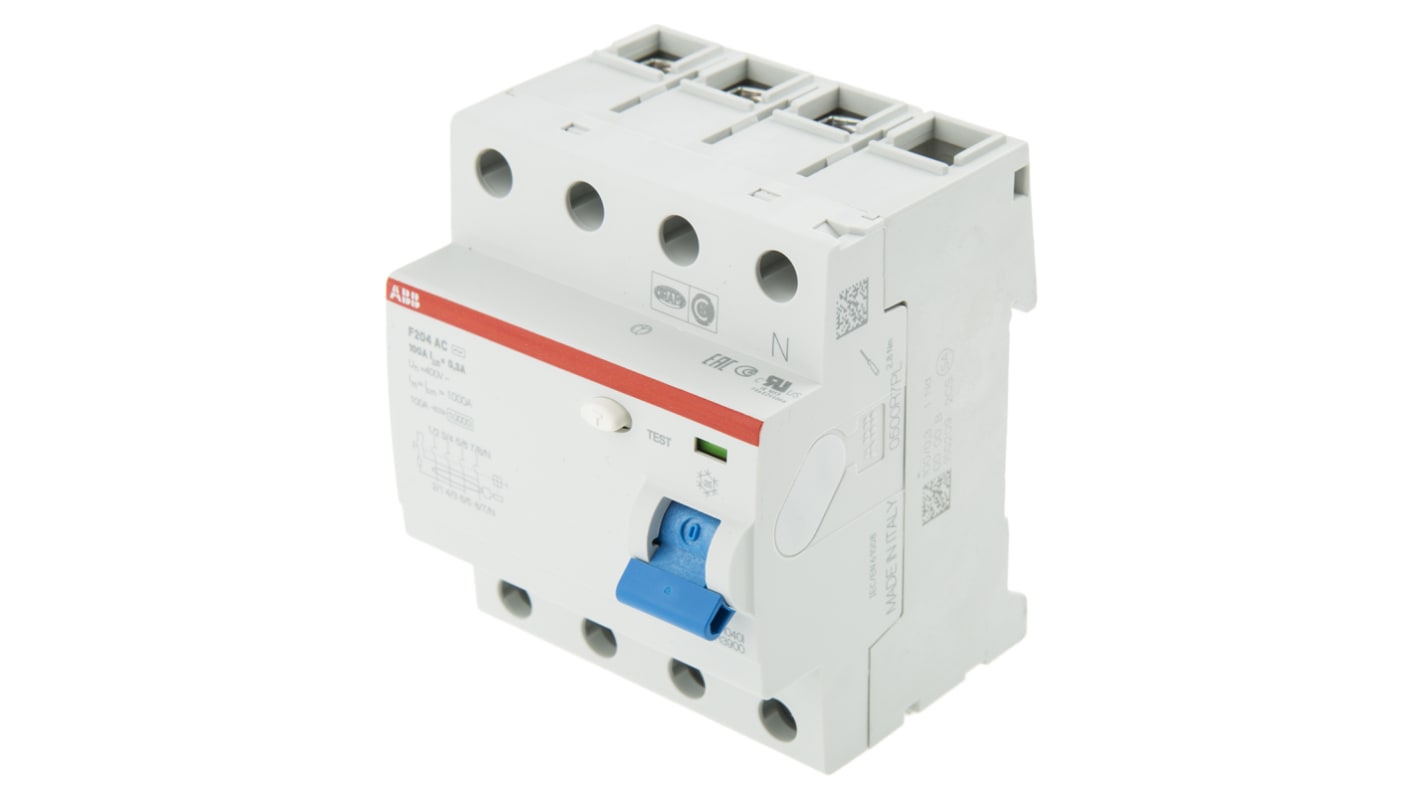 ABB RCCB F200 3P+N, 100A, 300mA, montaggio su guida DIN, protezione contro guasti a massa, temperatura -25/+55°C.