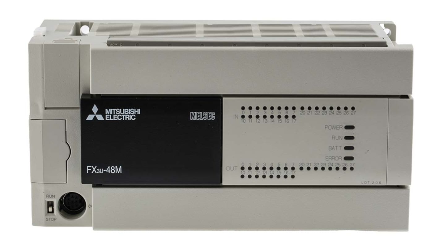 Modulo logico Mitsubishi Electric FX3U-48MR/ES per guida DIN, 24 ingressi/uscite relè, dimensioni 182 x 90 x 86 mm.