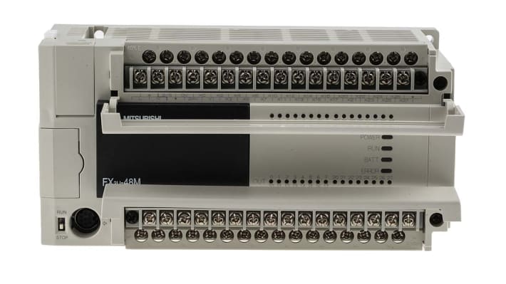 Modulo logico Mitsubishi Electric FX3U-48MR/ES per guida DIN, 24 ingressi/uscite relè, dimensioni 182 x 90 x 86 mm.