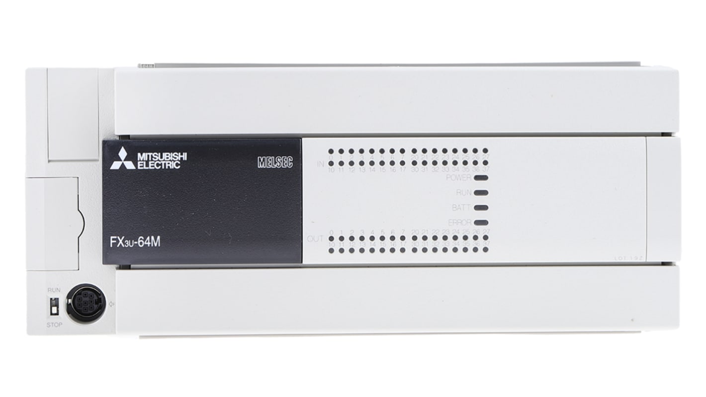 Modulo logico Mitsubishi Electric FX3U-64MR/ES per guida DIN, 32 ingressi e uscite relè, dimensioni 220 x 90 x 86 mm.