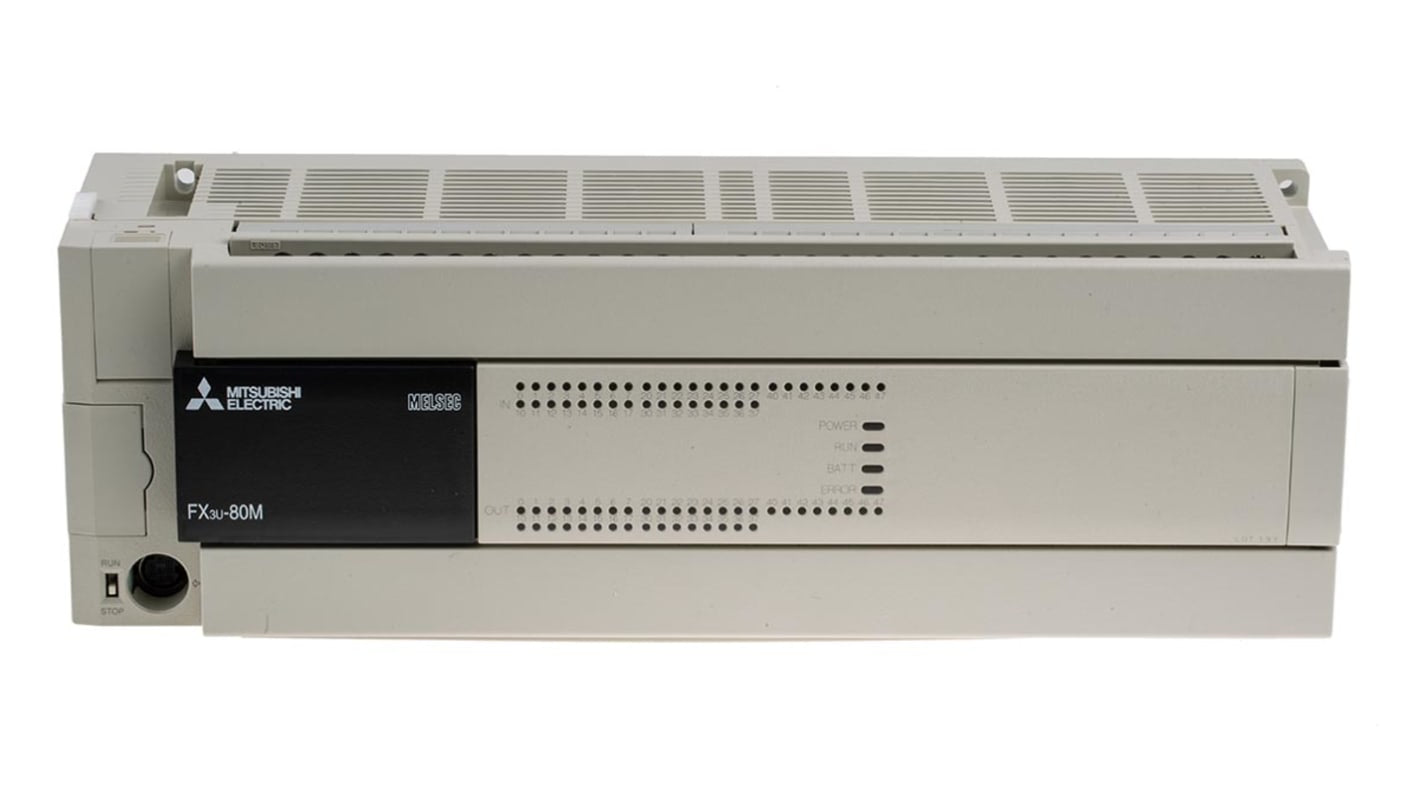 Modulo logico Mitsubishi Electric FX3U-80MR/ES per guida DIN, 40 ingressi/uscite relè, dimensioni 285 x 90 x 86 mm.