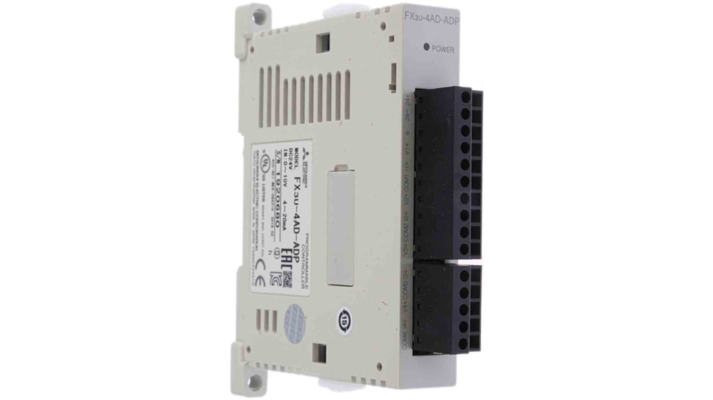 Modulo I/O Mitsubishi Electric FX3U-4AD-ADP, 4 canali analogici 0-10V e 4-20mA, montaggio a sinistra, dimensioni 106 x 17,6 x 89,5 mm.