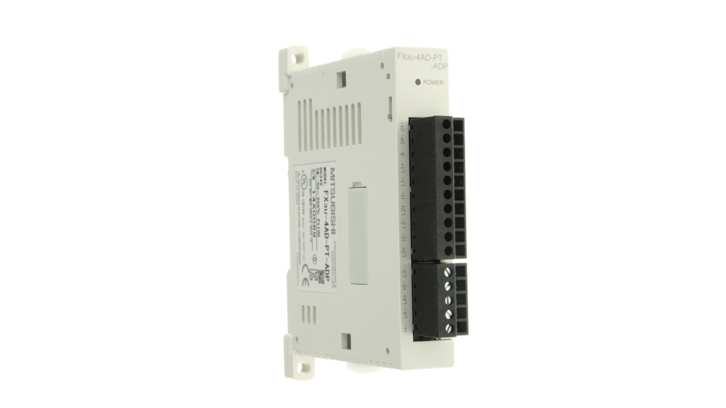 Modulo I/O Mitsubishi Electric FX3U-4AD-PT-ADP per applicazioni analogiche, 4 canali, 12 bit, dimensioni 90 x 17,6 x 89,5 mm.