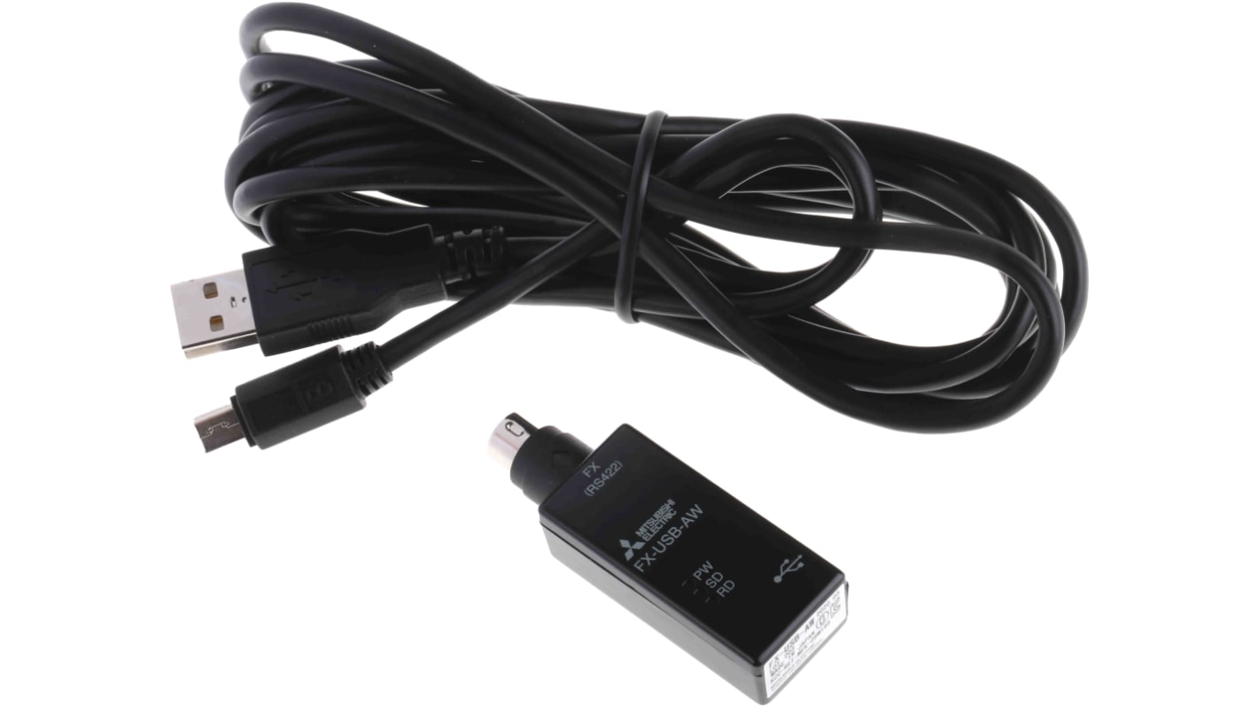 Modulo interfaccia Mitsubishi Electric FX-USB-AW per serie FX3U, convertitore USB a RS422 con LED di stato.
