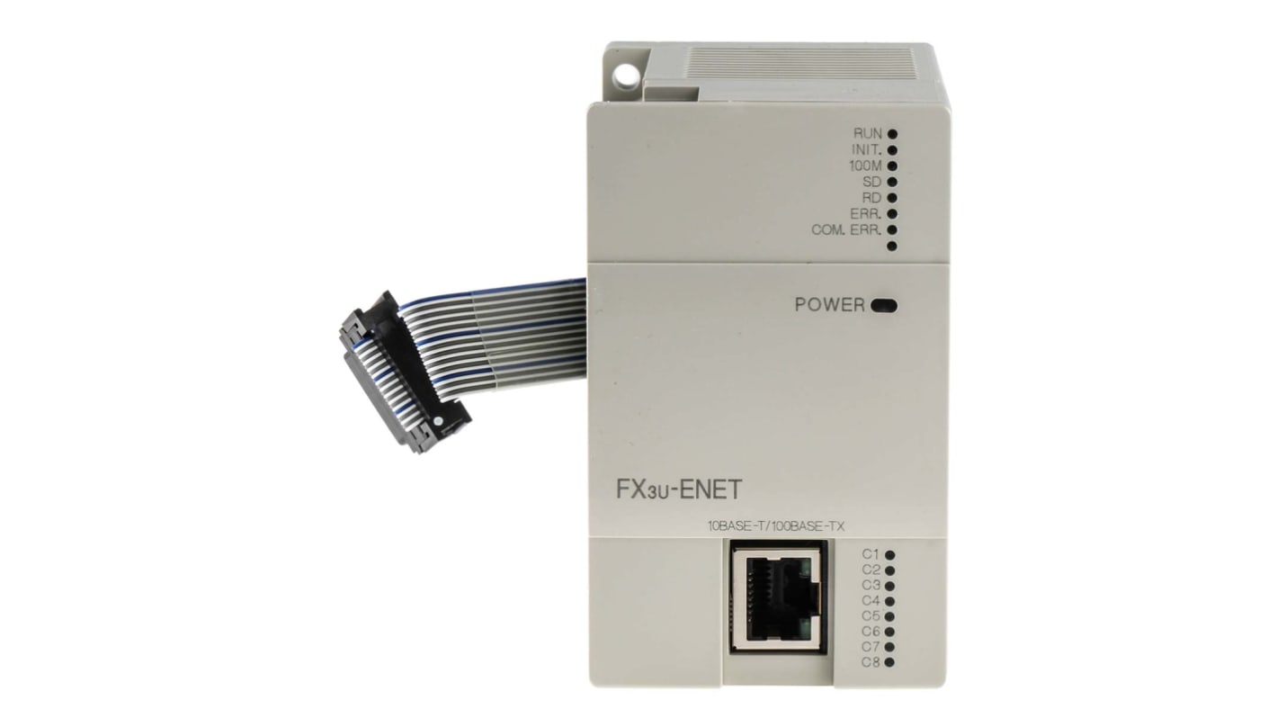 Modulo di comunicazione Ethernet Mitsubishi Electric FX3U-ENET per PLC FX3U, connettore RJ45, dimensioni 90 x 55 x 87 mm.