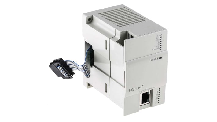 Modulo di comunicazione Ethernet Mitsubishi Electric FX3U-ENET per PLC FX3U, connettore RJ45, dimensioni 90 x 55 x 87 mm.